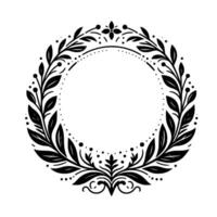 Intricate black and white circular botanical frame with floral elements and dotted border, isolated vector
