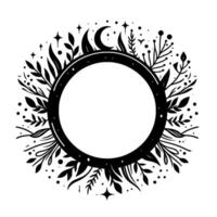 Monochromatic celestial wreath with a central empty circle, featuring leaves, stars, crescent moon, and dots, for elegant branding. vector