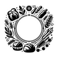 Whimsical black and white bread and bakery elements surround a central circle, perfect for a foodthemed or design. vector