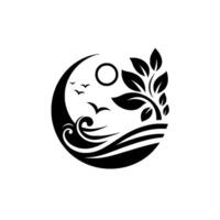 Stylized circular nature scene crescent moon, sun, waves, birds, and leafy tree in monochrome. vector