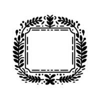 Elegant black and white floral wreath frame, rectangular center, leaf and berry accents, decorative border, minimalist vector