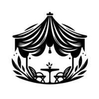 Black and white stylized illustration of a shaded outdoor cafe setting, complete with table, chairs, tentlike canopy, and foliage frame. vector