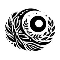 Abstract black white crescent, circle, and botanical with stars and foliage, minimalist art. vector