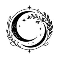 Celestial black and white illustration crescent moons, stars, and botanical wreath in a minimalist, mystical design. vector
