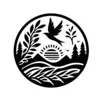 Silhouette of a serene landscape flying bird, mountain, sun, trees, and foliage within a circular frame naturethemed design. vector