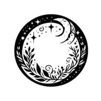 Circular black and white celestial with crescent moon, stars, and botanical foliage bordering an empty center. vector