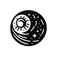 Monochromatic, circular celestial illustration depicting sun, moon, stars, and cometlike elements. vector