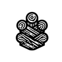 Abstract black and white geometric featuring layered, organic forms resembling intertwined shapes with spiraling details, set against a solid white backdrop. vector