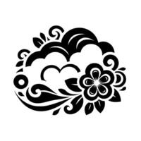 Intricate black and white floral with layered cloudlike forms, showcasing symmetry and elegance on a plain white background. vector