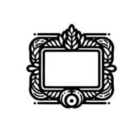 Intricate black and white floral frame with leaf embellishments and center blank space, clean minimalist on white background. vector