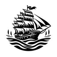 Illustration of a majestic black and white sailing ship with billowing sails traversing wavy waters, embodying a sense of adventure. vector