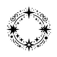 Celestial black and white geometric wreath with starbursts, dots, and swirls, ideal for and decoration. vector