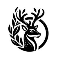 Stylized black and white featuring a majestic stag with intricate antlers, laurel leaves, and a circular frame. vector