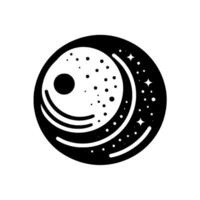 Abstract celestial yinyang in bold black and white a stylized illustration of a cosmic balance, featuring a moonlike orb and starfilled crescent within a circular frame. vector