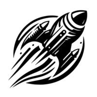 Stylized black and white illustration of a rocket ship launching through space, encircled by an oval frame, with minimalist design. vector