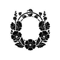 Elegant black and white floral wreath design, symmetrical composition, encircling an open space on a white backdrop. vector