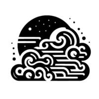 Stylized black and white illustration of a night sky with a dark cloud and a crescent moon, featuring swirling cloud formations and stars. vector