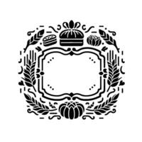 Elegant black and white bakerythemed frame with food elements, embellishments, and central blank space. vector