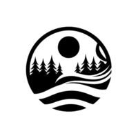 Monochromatic scenic logo forest of pine trees, sun, and water waves contained within a black circular frame vector