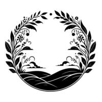 A symmetrical black and white floral wreath with stylized hills and clouds, evoking simplicity and elegance. vector