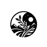 Yin yang symbol with natures balance mountains, crescent moon, tree, and meadow, harmoniously represented in black and white. vector