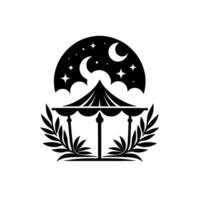 Silhouette illustration of a carousel canopy under a starry night sky, framed by laurel branches, in black and white. vector