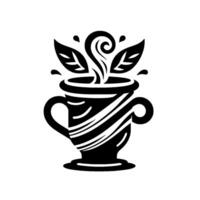 Artistic black and white minimalist illustration of a steaming mug of tea with leaves and water droplets, suggesting warmth. vector