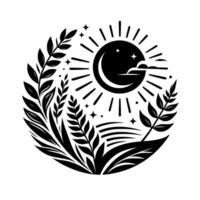 Celestial and earthly fusion a black and white illustration of a crescent moon within sunbeams and stars, surrounded by foliage, in a circular arrangement. vector