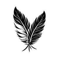Artistic minimalist illustration featuring two stylized black feathers intertwined against a clean white background. vector