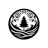 Circular black and white minimalist nature scene featuring a pine tree, mountains, sun, and foliage within a border. vector