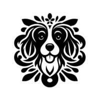 A symmetrical, black and white decorative illustration of a dogs face, featuring ornate floral and swirling elements around the head, evoking a regal and stylized aesthetic. vector