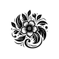 Elegant black and white floral design detailed, symmetrical art featuring a central flower with leaves, buds, and swirling decorative elements, forming a circular pattern. vector