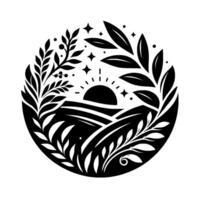 Monochromatic circular illustration of sunrise over rolling hills framed by lush leafy branches and celestial elements. vector