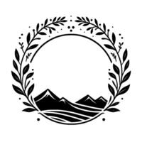 Black and white circular nature featuring a leafy wreath border, mountain silhouette, and dots. vector