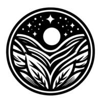 Abstract black and white circular featuring stylized leaves, hills, moon, and stars, evoking nature and serenity. vector