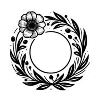A monochromatic floral wreath featuring a detailed flower at the top, encircling a blank circle for text, and showcasing an elegant, botanical style on white background. vector