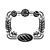 Minimalist black and white bakery frame with wheat, bread, and decorative floral elements on white background. vector