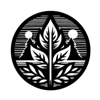 Stylized black and white nature emblem featuring a central leaf arrangement, flanked by trees and suns, contained within a circular frame. vector