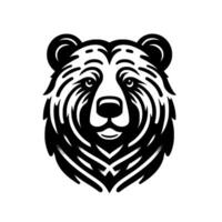 Bold black and white of a grizzly bears head, featuring stylized fur, eyes, nose, and a neutral expression, set on white background. vector