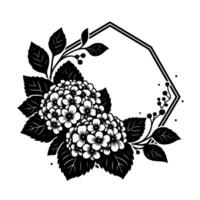 Intricate black and white hydrangea floral frame with leaves, berries, and geometric octagon element on white background. vector