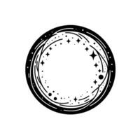 Intricate black and white celestial circle with stars, dots, and circular lines on a white background, mystical illustration vector