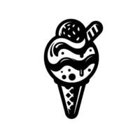 Bold black and white ice cream cone illustration featuring detailed scoop textures and wafer stick accent on clean white background. vector