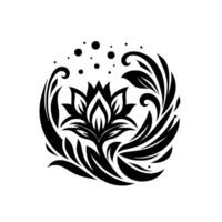 Elegant monochrome floral in a circular arrangement, a stylized lotus blossoming encircled by leaves and swirling patterns. vector