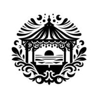 Intricate black and white silhouette of a decorative gazebo with a sunset view over the water, framed by ornate floral elements within a circular composition. vector