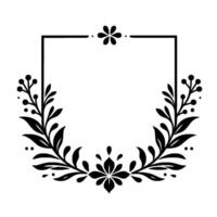 Black floral frame featuring rectangular outline, leaves, and decorative flower elements, symmetrical composition on white background. vector