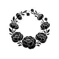 Elegant monochrome floral wreath featuring stylized peonies, buds, and leaves arranged in a circular formation against a stark white background. vector