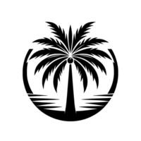 Black and white stylized of a palm tree within a circle, with a minimalist featuring the ocean, leaves, and trunk. vector