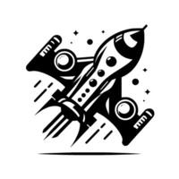 Bold black and white illustration of a retrofuturistic rocketship with jet trails and stars in a style. vector