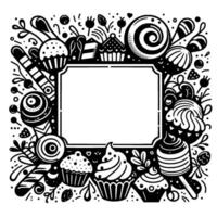 Intricate black and white dessert frame cupcakes, candy, and sweets bordering a blank space. vector