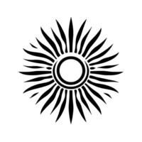 A bold, symmetrical black and white illustration of a stylized sun with rays emanating from a circular center against a pristine white backdrop. vector